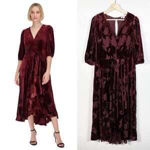 Calvin Klein Womens Velvet Floral Burnout Faux Wrap Midi Dress in Maroon Size 14